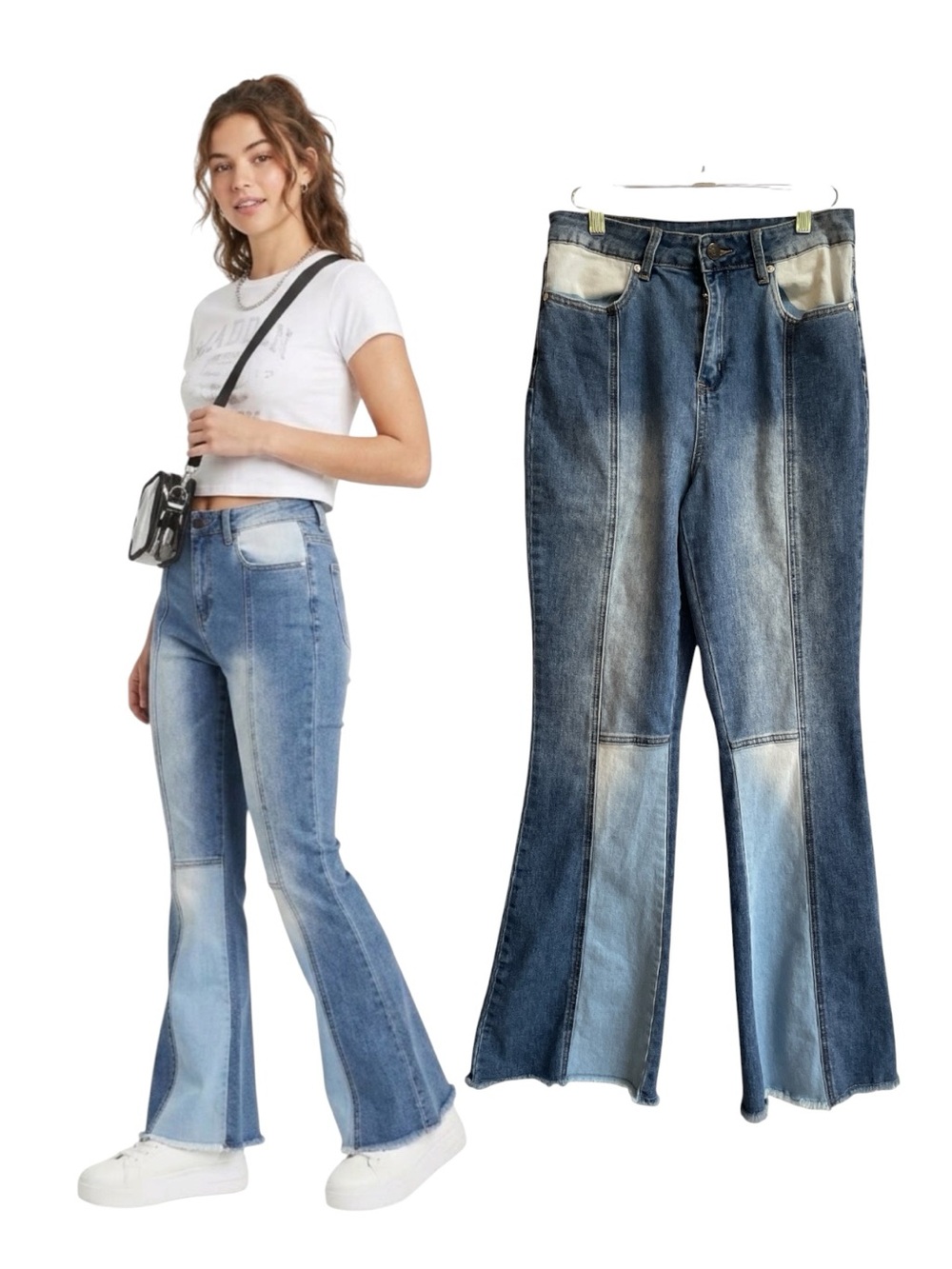 Madden NYC Patchwork Raw Hem Bell Bottom Jeans High Rise Two Tone Size 7/26
